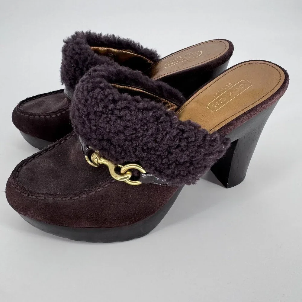 Coach Women’s 7 Brown Suede Shearling Idyle Wooden Heels Clogs Gold Buckle Mules